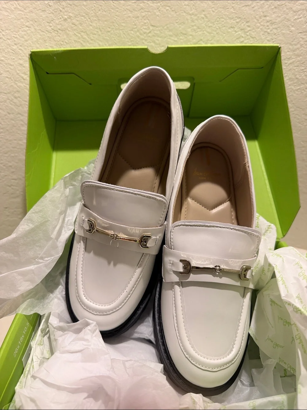Sam Edelman Girls White Leather Loafers with Gold Buckle